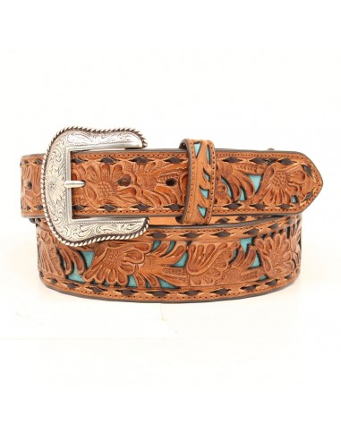 Nocona Floral Embossed Turquoise Inlay Men's Belt Profitez des Offres !